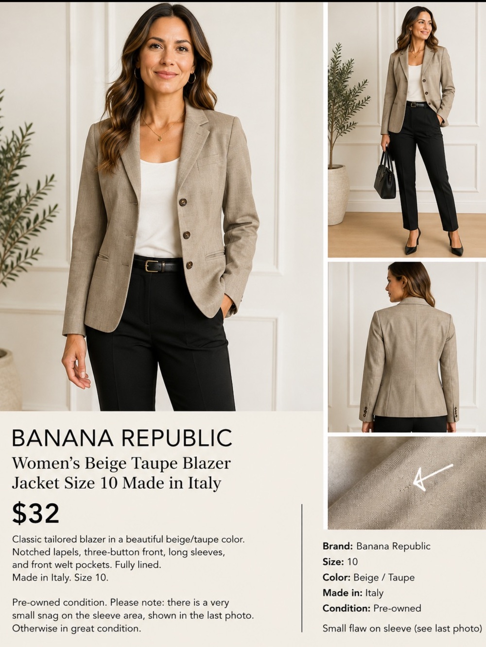 Banana Republic Women’s Beige Taupe Blazer Jacket Size 10 Made in Italy